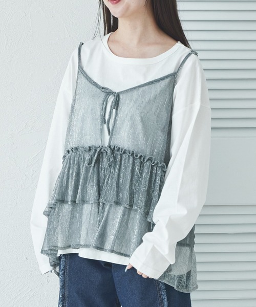 pairmanon（ペアマノン）の「【リンクコーデ】【ママサイズ】ラメキャミソール付き 2点セット 長袖Tシャツ（Tシャツ/カットソー・レディース・グレー系その他/ブラック/ピンク・FREE）」の6枚目の写真