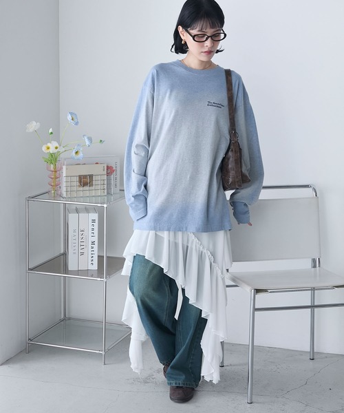 TORU LサイズSAINT ロゴ入り グレー 長袖カットソー forksy.】スプレー加工ロゴ刺繍オーバーサイズロンT forksy