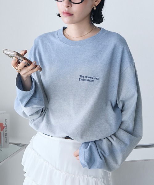 forksy.(フォルクシー)の「【forksy.】スプレー加工ロゴ刺繍オーバーサイズロンT(Tシャツ/カットソー・レディース・グレイッシュブルー/ベージュ/ミント/チャコール/スモークピンク・FREE)」の12枚目の写真