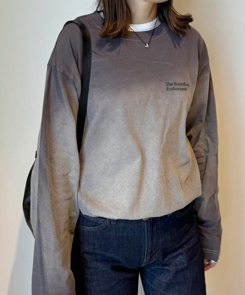 セール】【forksy.】スプレー加工ロゴ刺繍オーバーサイズロンT（T