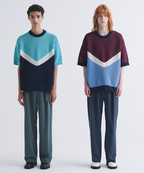 CULLNI(クルニ)の「Bi Color Mesh Knit Short Sleeve Pullover(ニット/セーター・メンズ・キャメル/バーガンディー/ブラック×グレー/ミント/ネイビー/ブラック・0/1/2)」の7枚目の写真