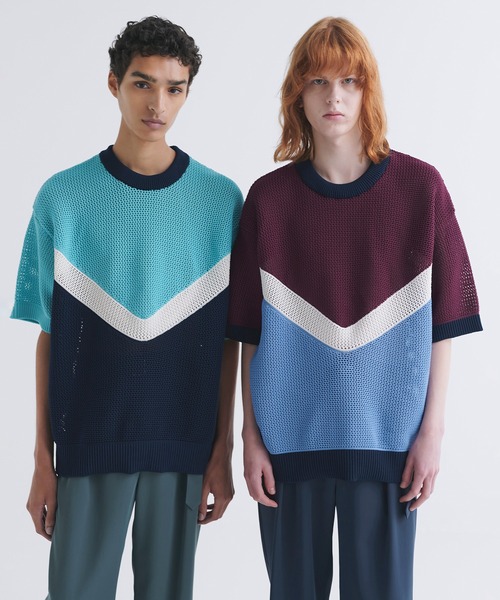 CULLNI(クルニ)の「Bi Color Mesh Knit Short Sleeve Pullover(ニット/セーター・メンズ・キャメル/バーガンディー/ブラック×グレー/ミント/ネイビー/ブラック・0/1/2)」の8枚目の写真