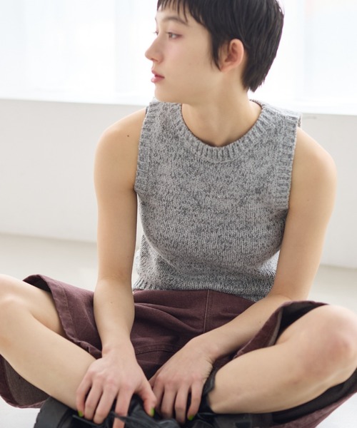 melange american sleeve knit tank top/メランジアメスリニット