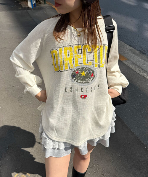CIAOPANIC(チャオパニック)の「ヴィンテージライクワッフルロゴロンTee(Tシャツ/カットソー・レディース・オフホワイト/チャコールグレー/イエロー・ONE SIZE)」の6枚目の写真