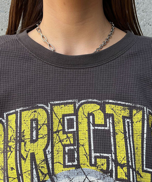 CIAOPANIC(チャオパニック)の「ヴィンテージライクワッフルロゴロンTee(Tシャツ/カットソー・レディース・オフホワイト/チャコールグレー/イエロー・ONE SIZE)」の18枚目の写真