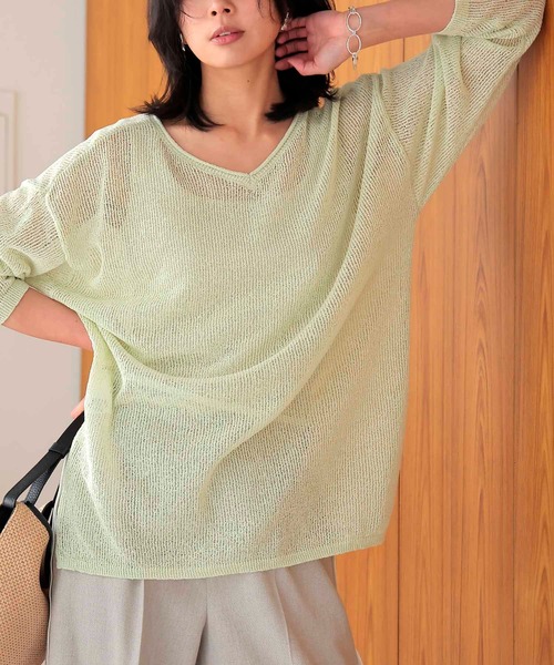 Jines(ジネス)の「TSUMUGI和紙前後2wayルーズニット(ニット/セーター・レディース・ブルー/ピンク/ネイビー/ベージュ/グリーン・38)」の1枚目の写真