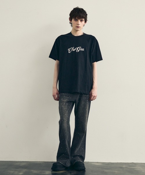 セール】Rainbow glitter stone design oversized T-shirt
