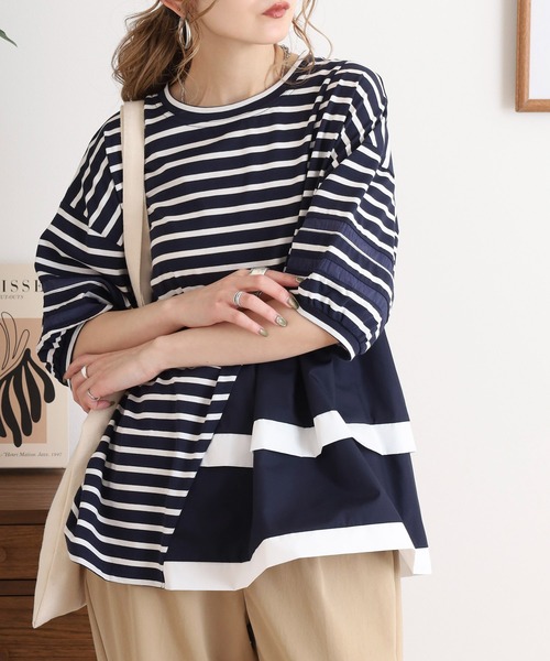 EGLANTINE(エグランティーヌ)の「EGLANTINE アシンメトリー切替フレアカットソー(Tシャツ/カットソー・レディース・ブラック/シルバーグレー/オフホワイト/ネイビー×ホワイト/ホワイト×ブラック・40)」の5枚目の写真