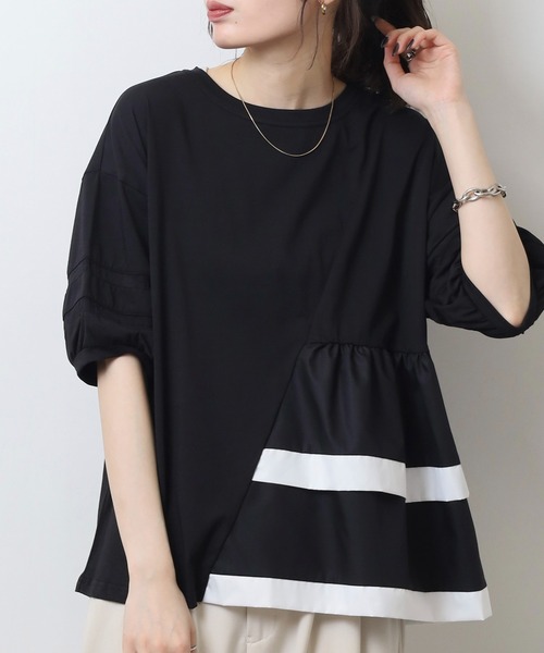 EGLANTINE(エグランティーヌ)の「EGLANTINE アシンメトリー切替フレアカットソー(Tシャツ/カットソー・レディース・ブラック/シルバーグレー/オフホワイト/ネイビー×ホワイト/ホワイト×ブラック・40)」の3枚目の写真