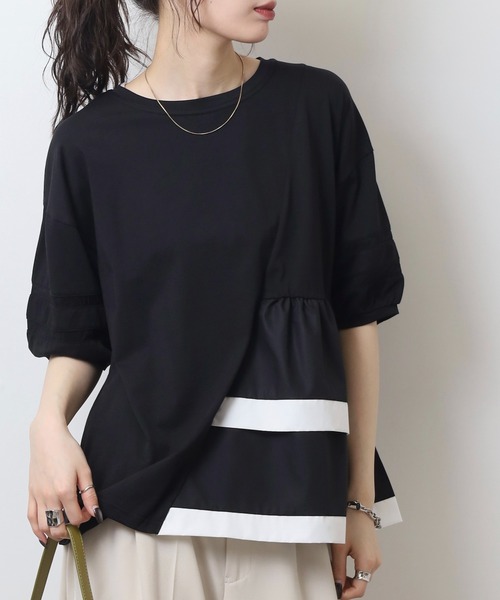 EGLANTINE(エグランティーヌ)の「EGLANTINE アシンメトリー切替フレアカットソー(Tシャツ/カットソー・レディース・ブラック/シルバーグレー/オフホワイト/ネイビー×ホワイト/ホワイト×ブラック・40)」の12枚目の写真