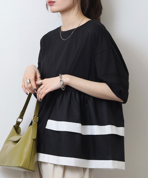 EGLANTINE(エグランティーヌ)の「EGLANTINE アシンメトリー切替フレアカットソー(Tシャツ/カットソー・レディース・ブラック/シルバーグレー/オフホワイト/ネイビー×ホワイト/ホワイト×ブラック・40)」の14枚目の写真