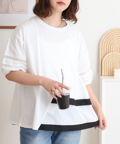EGLANTINE(エグランティーヌ)の「EGLANTINE アシンメトリー切替フレアカットソー(Tシャツ/カットソー・レディース・ブラック/シルバーグレー/オフホワイト/ネイビー×ホワイト/ホワイト×ブラック・40)」の6枚目の写真