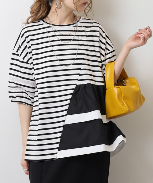 EGLANTINE(エグランティーヌ)の「EGLANTINE アシンメトリー切替フレアカットソー(Tシャツ/カットソー・レディース・ブラック/シルバーグレー/オフホワイト/ネイビー×ホワイト/ホワイト×ブラック・40)」の8枚目の写真