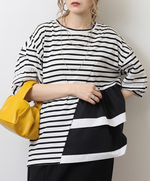 EGLANTINE(エグランティーヌ)の「EGLANTINE アシンメトリー切替フレアカットソー(Tシャツ/カットソー・レディース・ブラック/シルバーグレー/オフホワイト/ネイビー×ホワイト/ホワイト×ブラック・40)」の9枚目の写真