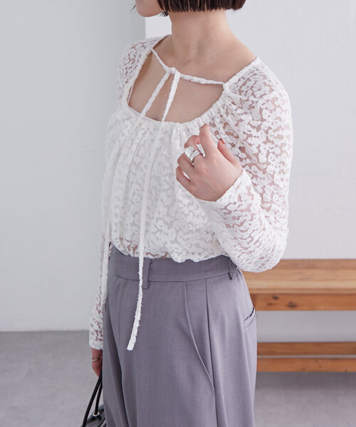 mystic(ミスティック)の「シアーチョーカーリボンロンT(Tシャツ/カットソー・レディース・ホワイト/ブラック/ブルー/オフホワイト/イエロー・FREE)」の7枚目の写真