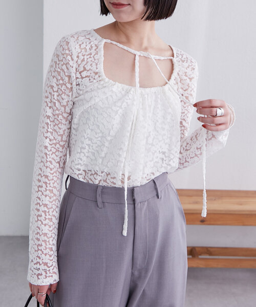 mystic(ミスティック)の「シアーチョーカーリボンロンT(Tシャツ/カットソー・レディース・ホワイト/ブラック/ブルー/オフホワイト/イエロー・FREE)」の10枚目の写真