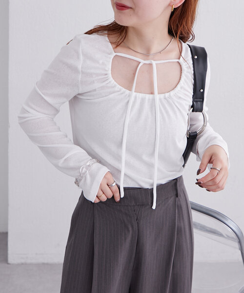 mystic(ミスティック)の「シアーチョーカーリボンロンT(Tシャツ/カットソー・レディース・ホワイト/ブラック/ブルー/オフホワイト/イエロー・FREE)」の15枚目の写真