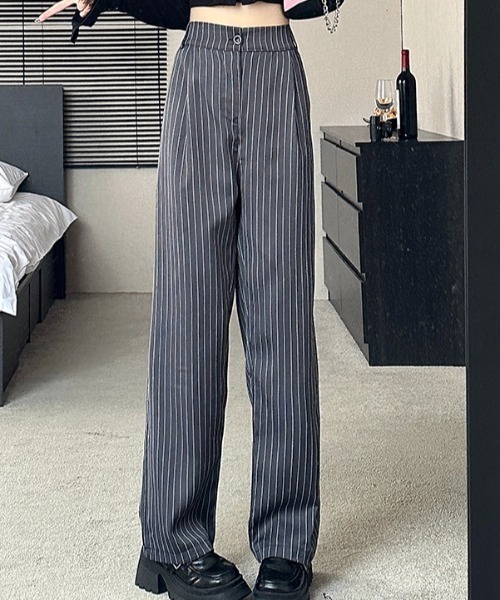 Teem Store(チームストア)の「ハイウエストストライプワイドパンツ(スラックス・レディース・グレー/ブラック/ネイビー・S/M/L)」の4枚目の写真