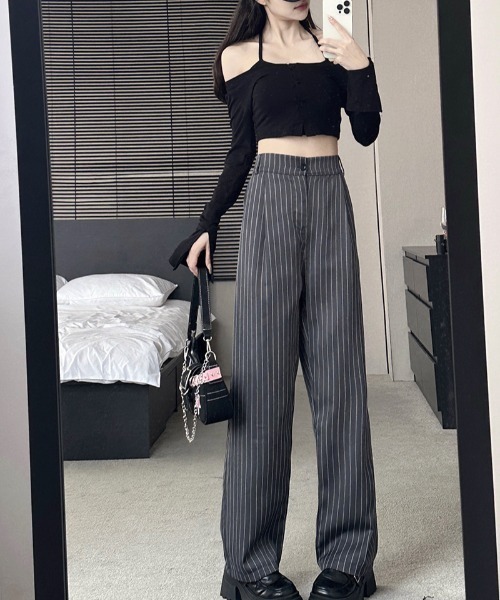 Teem Store(チームストア)の「ハイウエストストライプワイドパンツ(スラックス・レディース・グレー/ブラック/ネイビー・S/M/L)」の7枚目の写真