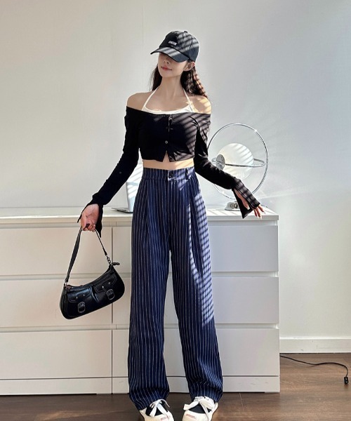 Teem Store(チームストア)の「ハイウエストストライプワイドパンツ(スラックス・レディース・グレー/ブラック/ネイビー・S/M/L)」の9枚目の写真