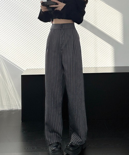 Teem Store(チームストア)の「ハイウエストストライプワイドパンツ(スラックス・レディース・グレー/ブラック/ネイビー・S/M/L)」の12枚目の写真