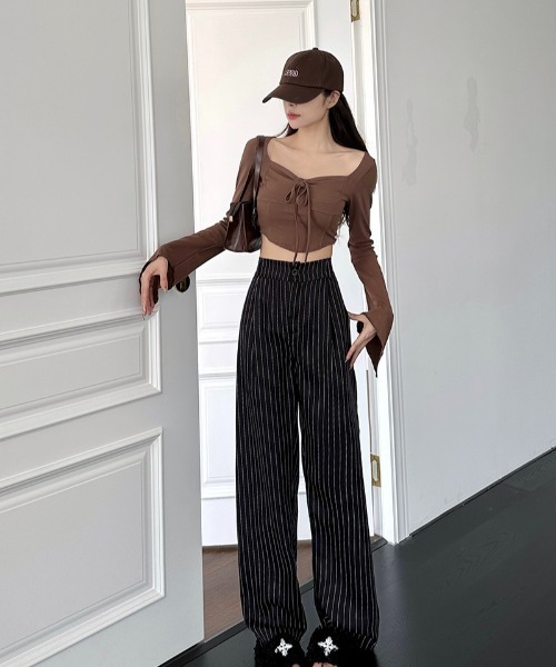 Teem Store(チームストア)の「ハイウエストストライプワイドパンツ(スラックス・レディース・グレー/ブラック/ネイビー・S/M/L)」の13枚目の写真