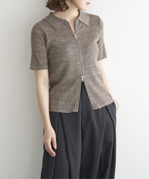 即完売品　和紙ミックス　ニットポロシャツ　ブラウン セール】ミックスニットダブルジップポロ（ポロシャツ）｜notch