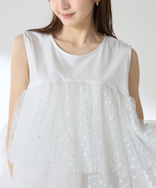 新品♡タグ付き♡袖リボンドットチュールティアードトップス♡ネイビー 袖リボンドットチュールティアードトップス【宅配便】 | Fit more