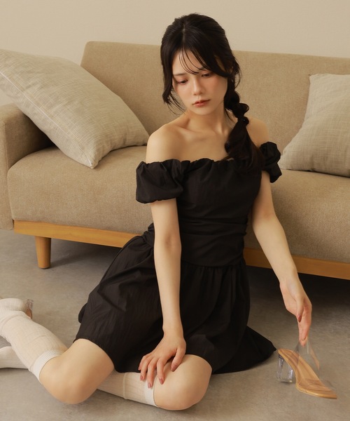 cotton flare mini dress/オフショルダーシャーリングフレアミニ