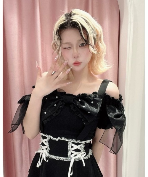 Ank Rouge（アンクルージュ）の「オーガンジーおリボンTOPS（Tシャツ/カットソー・レディース・ホワイト/ブラック/ピンク・M）」の3枚目の写真