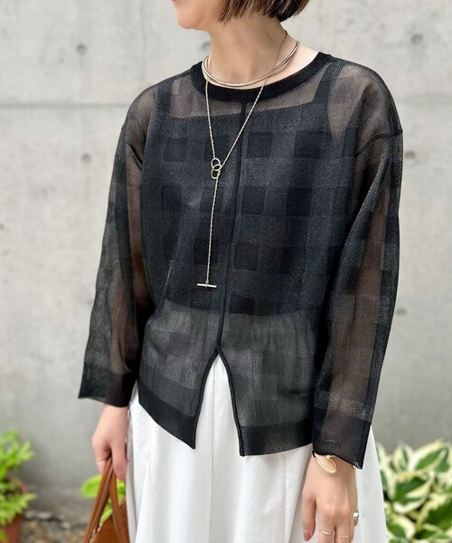 Rie Miller（リエミラー）の「《手洗い可能》シアーブロックチェック2WAYクルーネックカーディガン（カーディガン/ボレロ・レディース・ブラウン系その他/ブラック系その他・38）」の21枚目の写真