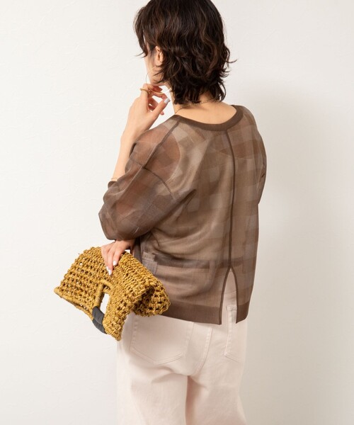 Rie Miller（リエミラー）の「《手洗い可能》シアーブロックチェック2WAYクルーネックカーディガン（カーディガン/ボレロ・レディース・ブラウン系その他/ブラック系その他・38）」の4枚目の写真