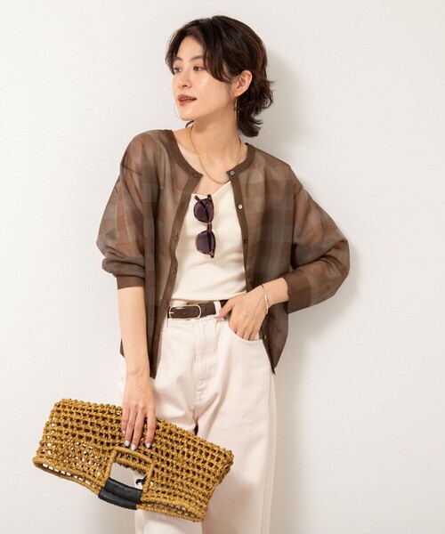 Rie Miller（リエミラー）の「《手洗い可能》シアーブロックチェック2WAYクルーネックカーディガン（カーディガン/ボレロ・レディース・ブラウン系その他/ブラック系その他・38）」の5枚目の写真