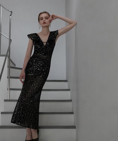 【未使用】Leja パーティドレス Leja ドレス 「LEJA」花柄刺繍レースチュールパフスリーブ