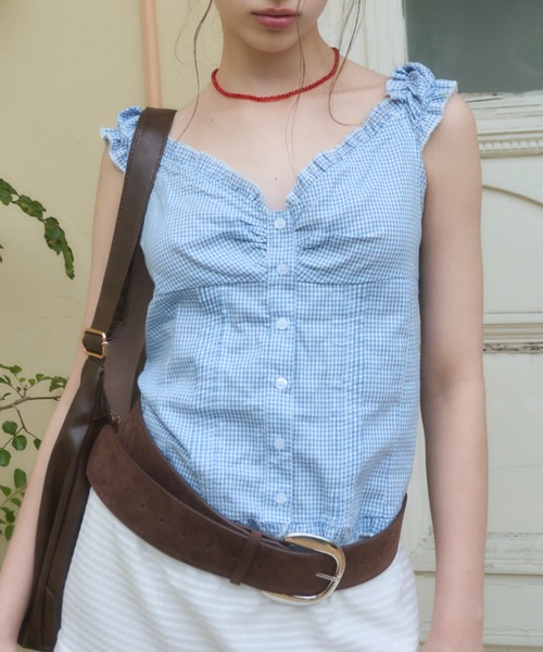 Birthday room(バースデイルーム)の「コットンノースリーブブラウス/Cotton sleeveless blouse(シャツ/ブラウス・レディース・ホワイト/ピンク/チェック/ブラック・FREE)」の4枚目の写真