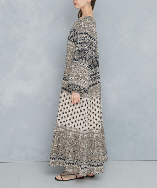 sara mallika ワンピース セール】sara mallika COTTON BORDER PRINT LONG DRESS