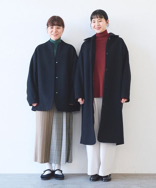 ウールsuper100 middle length cocoonコート（ノーカラーコート