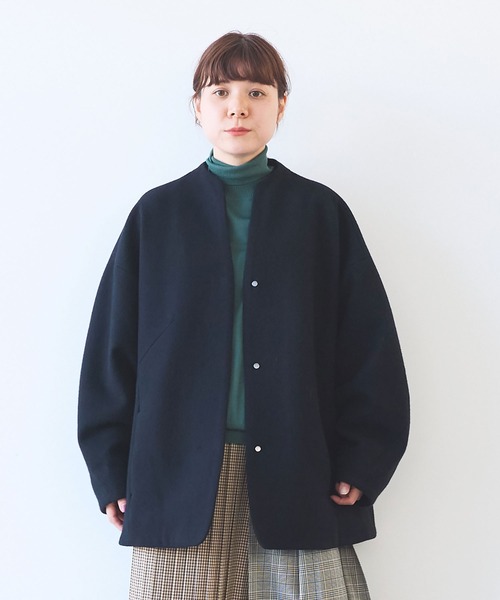 yuni ユニ　ウールコート　ノーカラー　日本製　X1776 yuni（ユニ ）の「ツイルノーカラーコート C/Li/R/P twill no collar