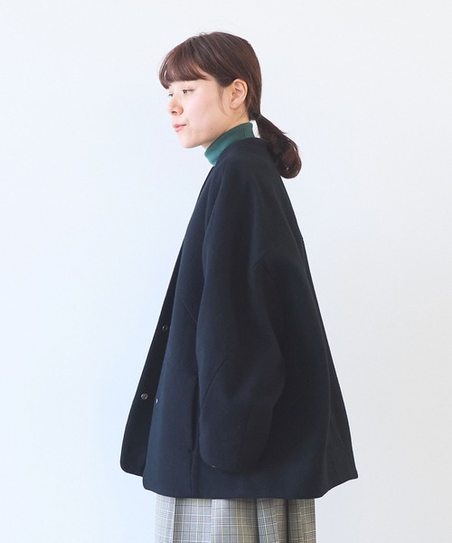 セール】ウールsuper100 middle length cocoonコート（ノーカラー