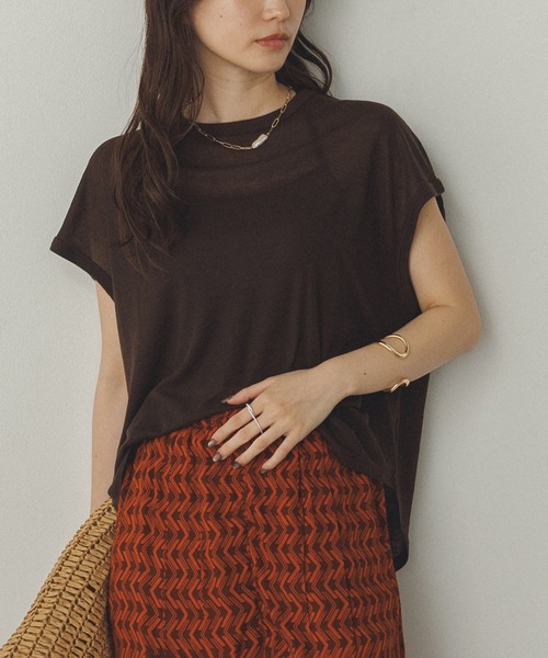 hunch(ハンチ)の「オーバーフレンチ シアーTシャツ(Tシャツ/カットソー・レディース・杢グレー/ダークブラウン/ベージュ/イエロー・FREE)」の3枚目の写真