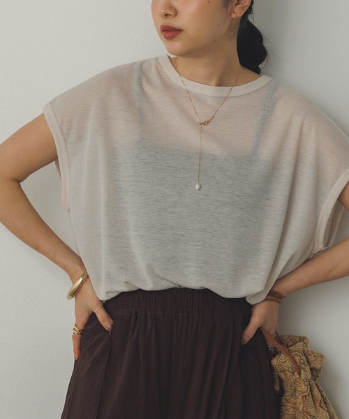 hunch(ハンチ)の「オーバーフレンチ シアーTシャツ(Tシャツ/カットソー・レディース・杢グレー/ダークブラウン/ベージュ/イエロー・FREE)」の7枚目の写真