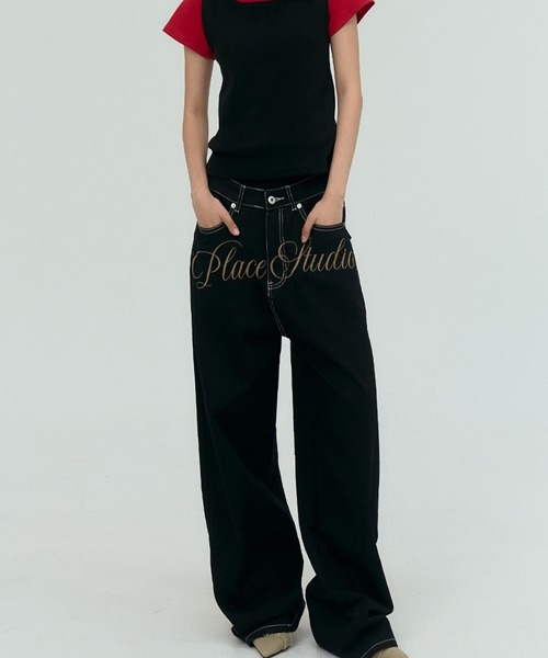 PLACE STUDIO（プレイススタジオ）の「PLACE STUDIO／ロゴ刺繍ワイドパンツ（デニムパンツ・レディース・ブラック/ダークブルー・SMALL）」の13枚目の写真