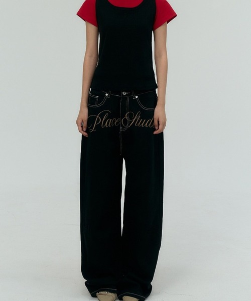 PLACE STUDIO（プレイススタジオ）の「PLACE STUDIO／ロゴ刺繍ワイドパンツ（デニムパンツ・レディース・ブラック/ダークブルー・SMALL）」の14枚目の写真