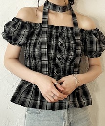 新品 オフショル チェック柄トップス Fサイズ オフショルダー」に該当するトップス（チェック柄）ファッション