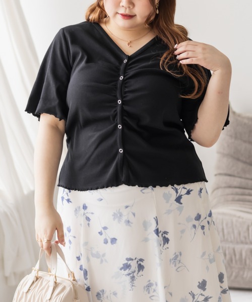 CLETTE(クレット)の「ギャザーデザインVネックカットソー(Tシャツ/カットソー・レディース・ラベンダー/ブラック/アイボリー・3L/4L/LL)」の1枚目の写真