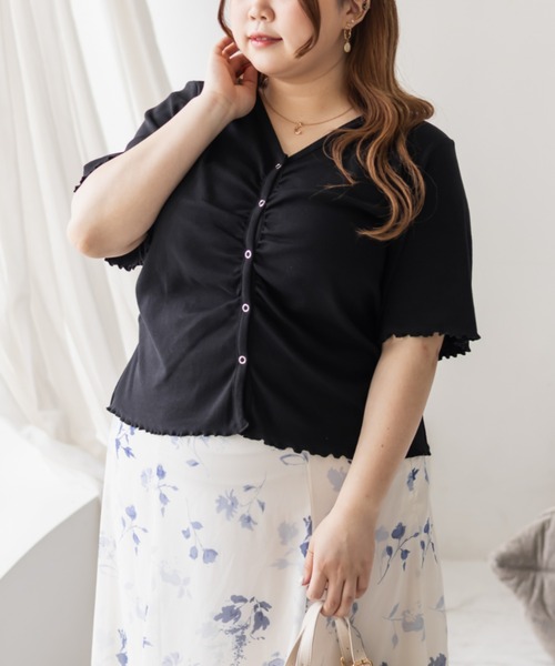 CLETTE(クレット)の「ギャザーデザインVネックカットソー(Tシャツ/カットソー・レディース・ラベンダー/ブラック/アイボリー・3L/4L/LL)」の14枚目の写真