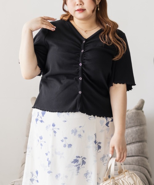 CLETTE(クレット)の「ギャザーデザインVネックカットソー(Tシャツ/カットソー・レディース・ラベンダー/ブラック/アイボリー・3L/4L/LL)」の13枚目の写真