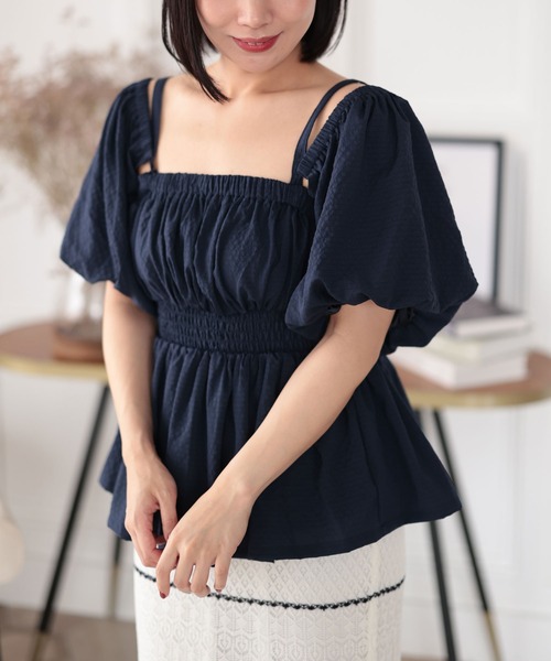 Ruwan yu(ルワンユー)の「3WAYシャーリングペプラムトップス【大きいサイズ対応】(シャツ/ブラウス・レディース・ネイビー・4L/3L/LL/L)」の5枚目の写真