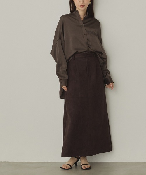 hunch（ハンチ）の「マットサテン バンドカラー オーバーシャツ（シャツ/ブラウス・レディース・ブラウン/チャコール/ベージュ・FREE）」の7枚目の写真