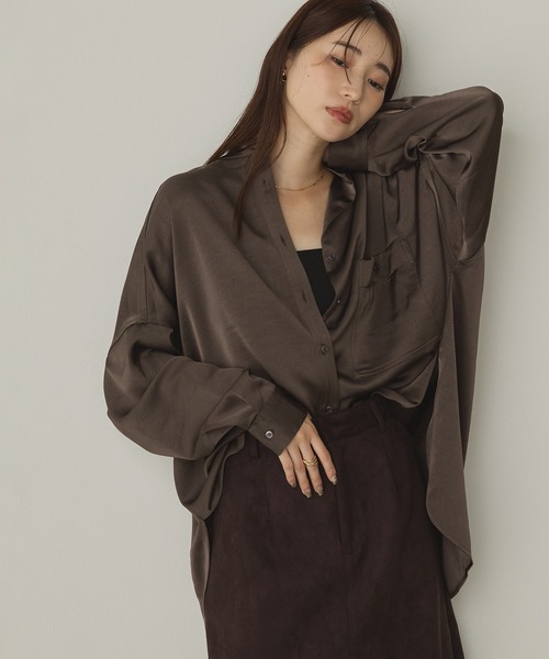 hunch（ハンチ）の「マットサテン バンドカラー オーバーシャツ（シャツ/ブラウス・レディース・ブラウン/チャコール/ベージュ・FREE）」の10枚目の写真